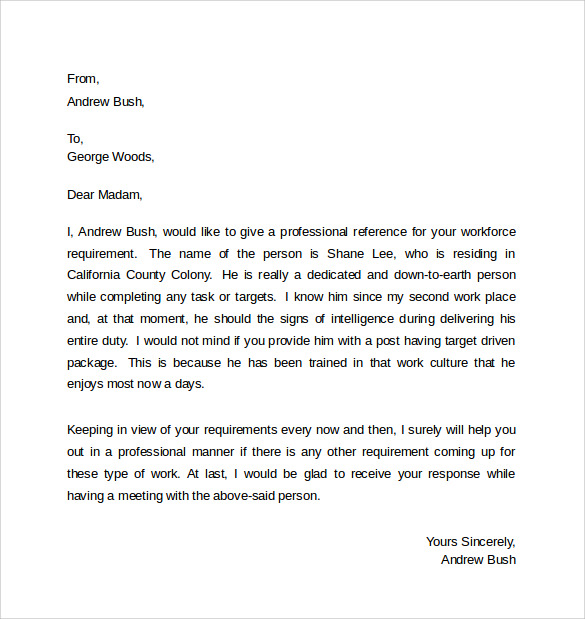 professional reference letter format