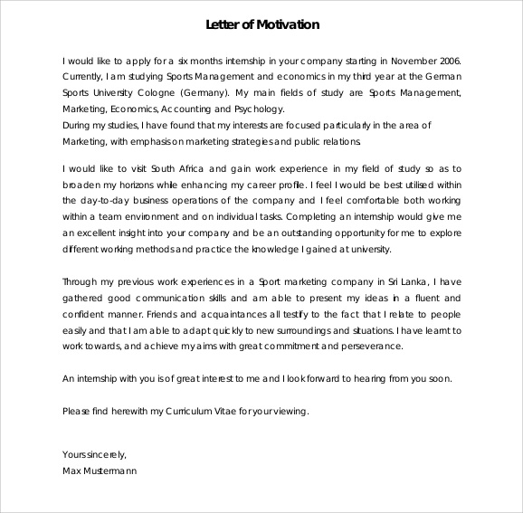 Sample Motivation Letter Template - 6 Download Documents 