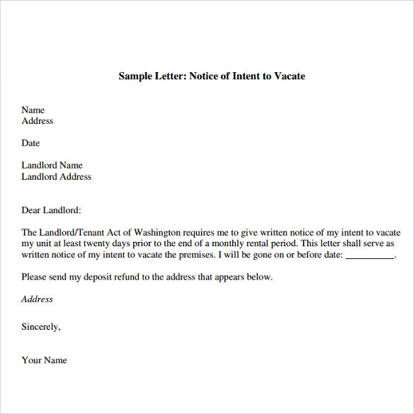 sample letter notice of intent to vacate 