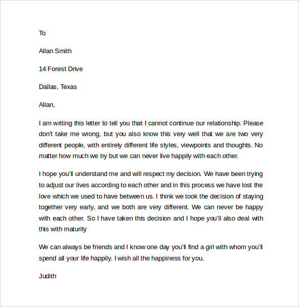 sample break up letter to boyfriend