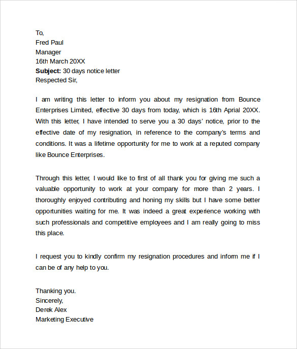 30 days notice letter