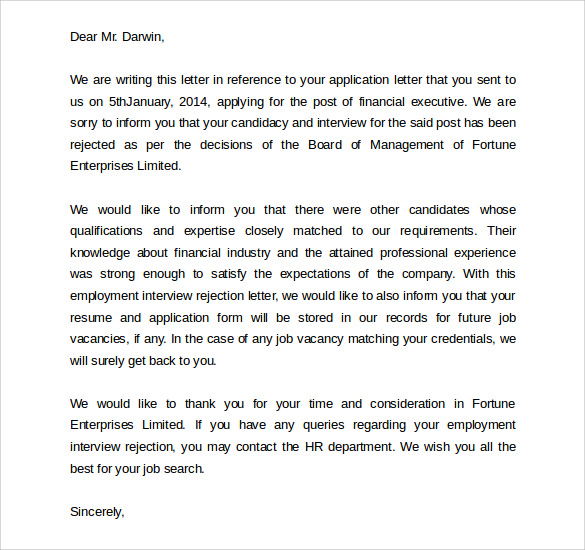 employer rejection letter after interview