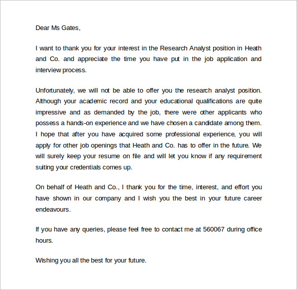 example of rejection letter after interview