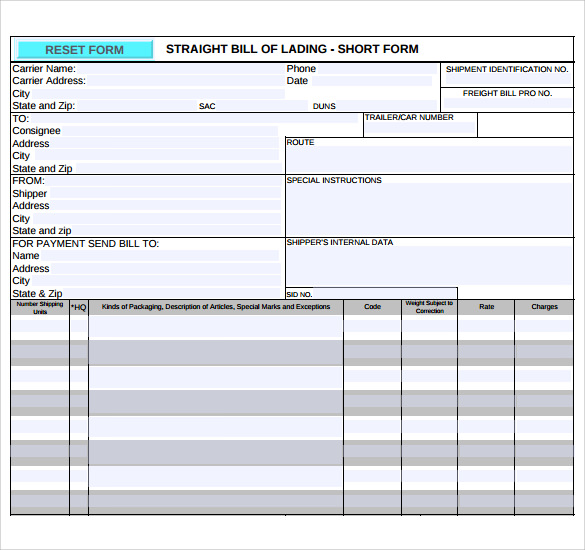 bill of lading short form template