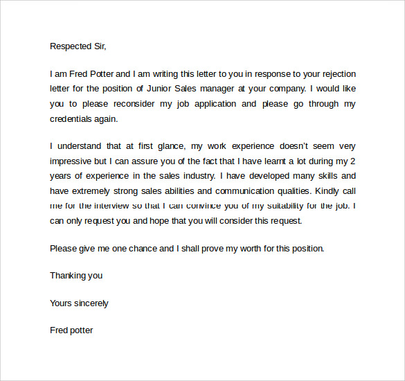 rejection letter after interview example