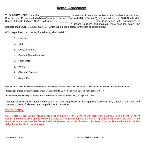 standard rental agreement example