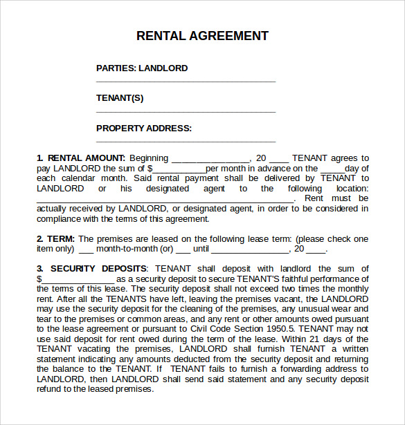 printable standard rental agreement