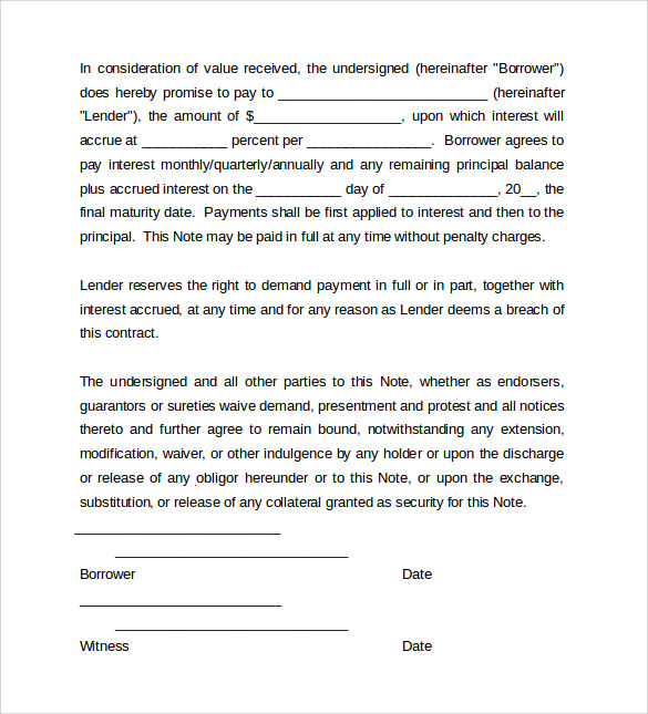 promissory note sample template