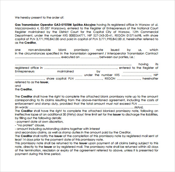 promissory note agreement template