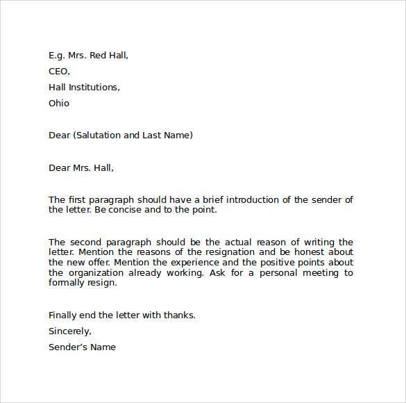 resignation letter format in word