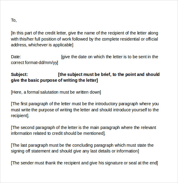 sample format for credit letter
