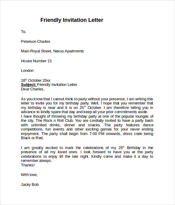 friendly invitation letter format