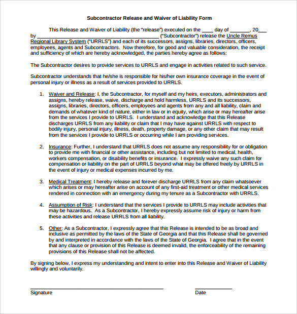 contractor liability waiver form