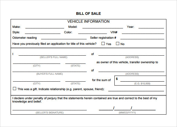 vehicle bill of sale form free