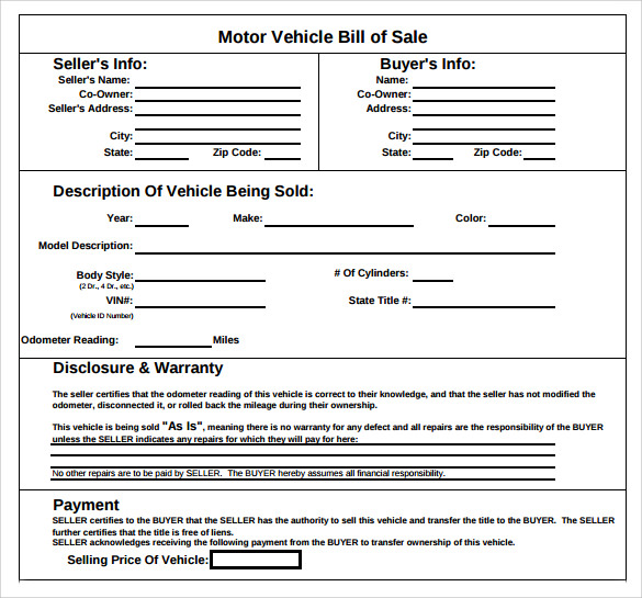motor vehicles bill of sale