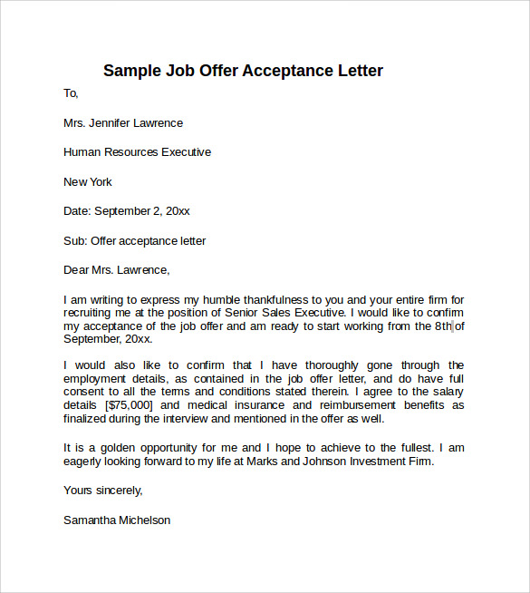 sample job offer acceptance letter