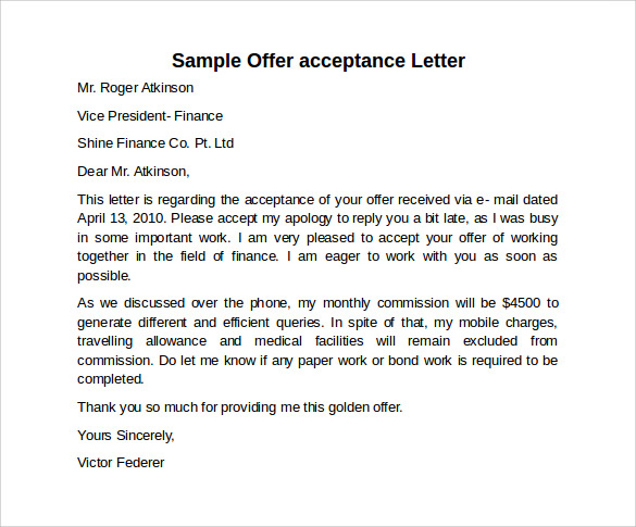 sample offer acceptance letter