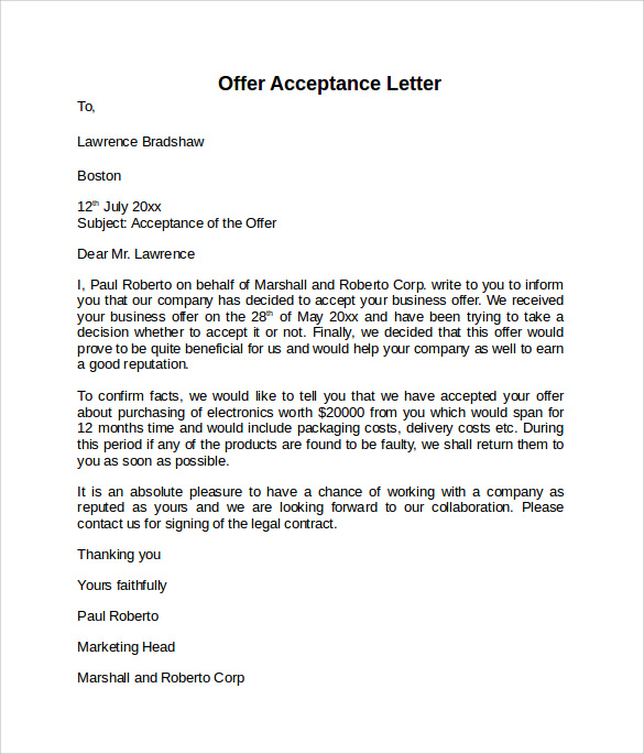simple offer acceptance letter
