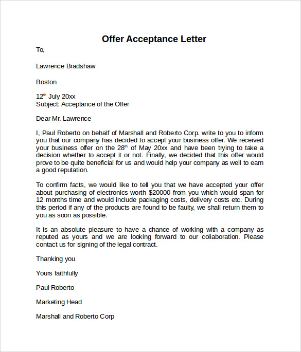 offer letter acceptance email sample