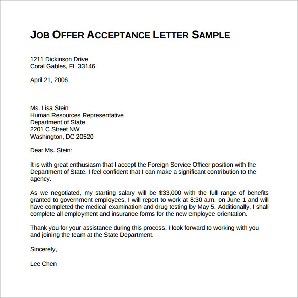 FREE 8+ Sample Offer Acceptance Letter Templates in PDF | MS Word