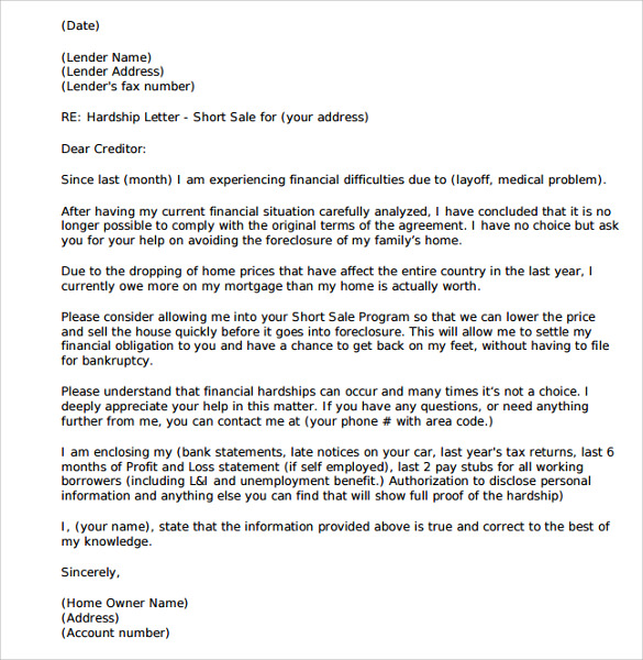 short sale hardship letter template