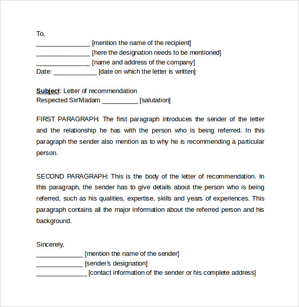 sample recommendation letter format