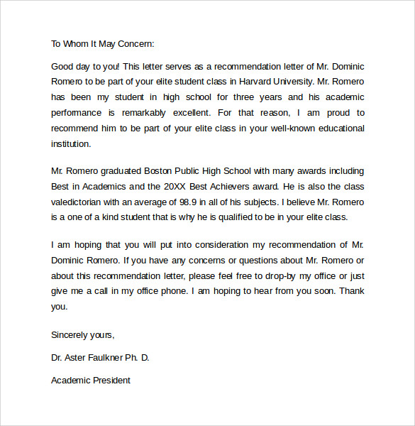 student recommendation letter format