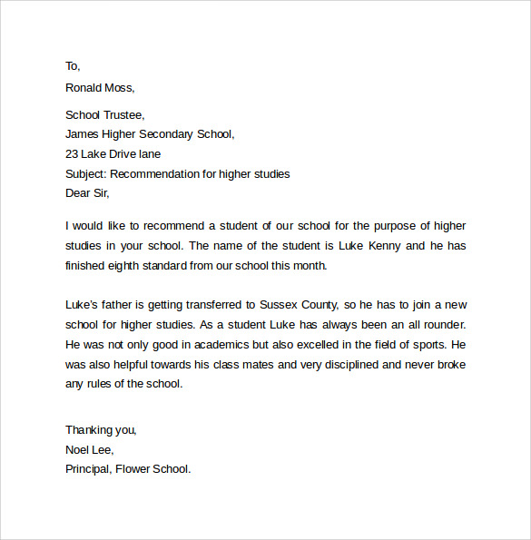 recommendation letter format for higher studies