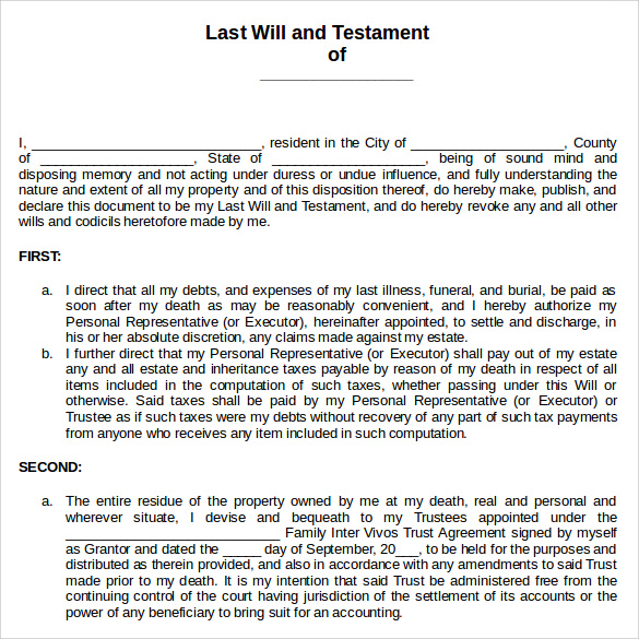 last will and testament template microsoft word