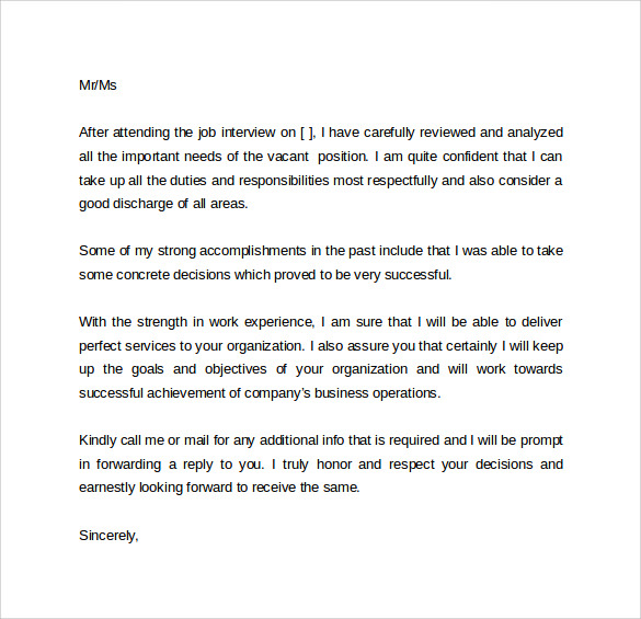 follow up letter after job interview