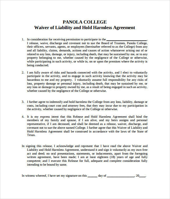 parties letter two between agreement doc Agreement Harmless Samples, 8  Examples, Hold Templates