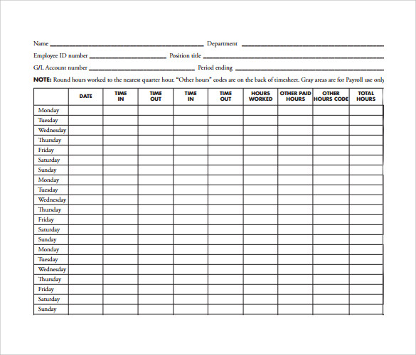 Monthly Time Sheet Calculator Templates 9 Download Free