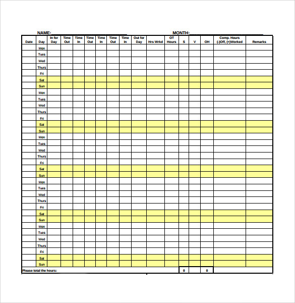 monthly timesheet calculator tempalte