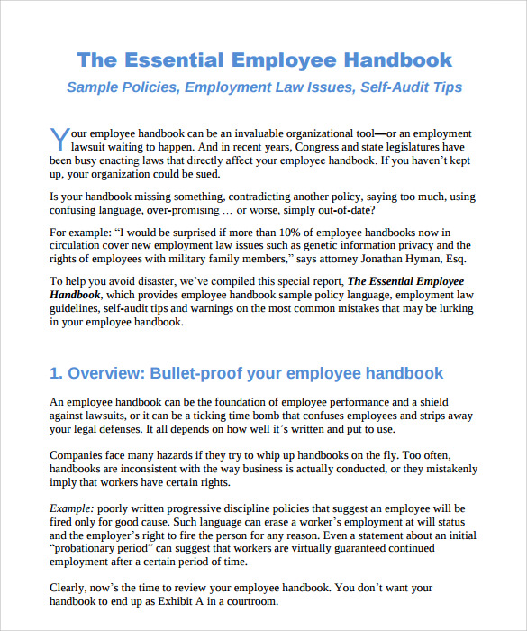 handbook printable sample free employee Sample   Sample Employee Templates 10 Handbook Templates