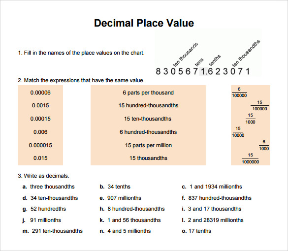 place value chart with decimal