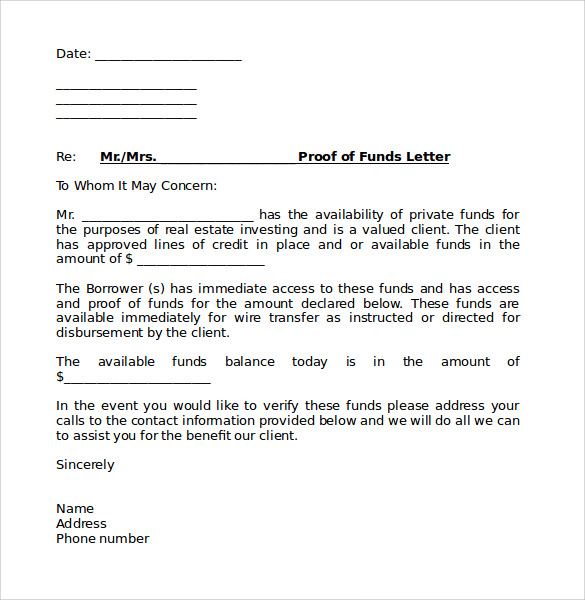 Free 6 Sample Proof Of Funds Letter Templates In Pdf Ms Word