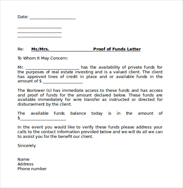 Sample Proof of Funds Letter - 7 Download Free Documents 