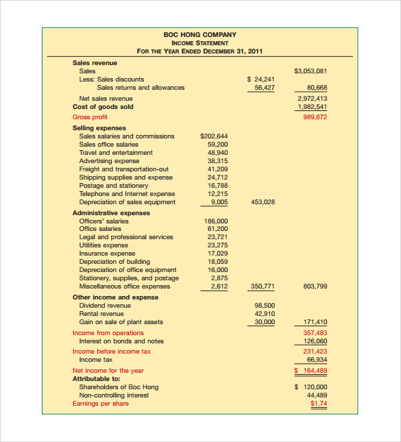 income statement to print