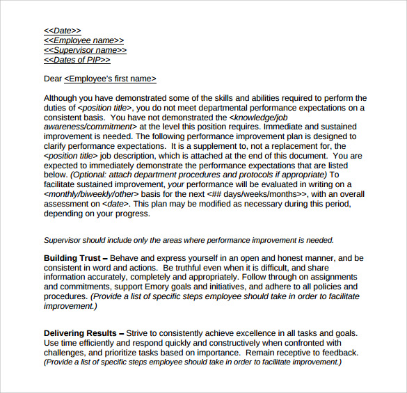 Performance Improvement Plan For Managers Sample