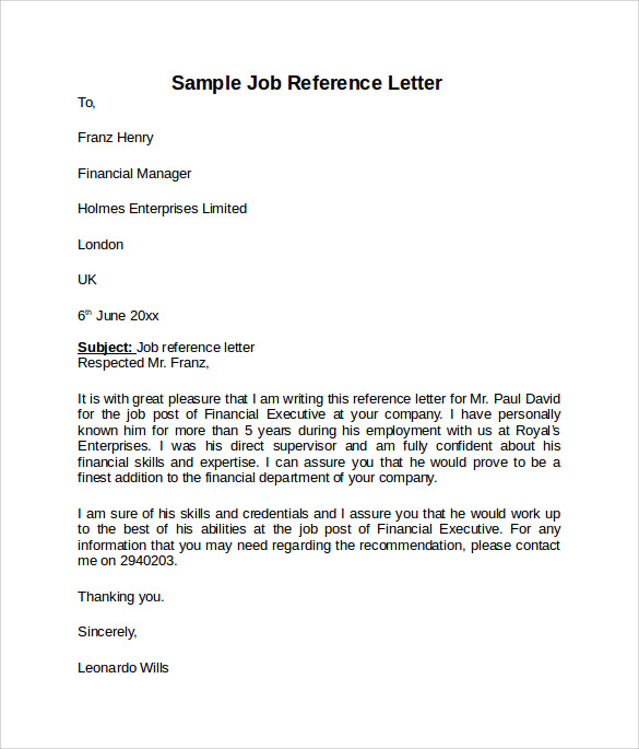 job application letter reference