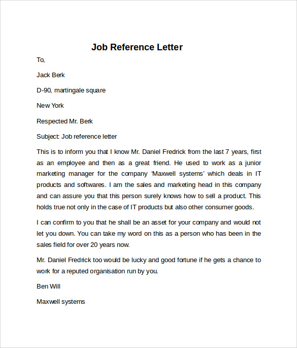 Letter Of Reference For Job