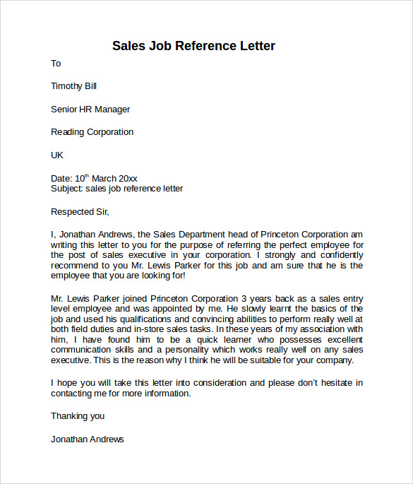 sales job reference letter