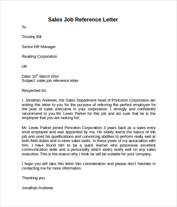 Reference Letter For Sales