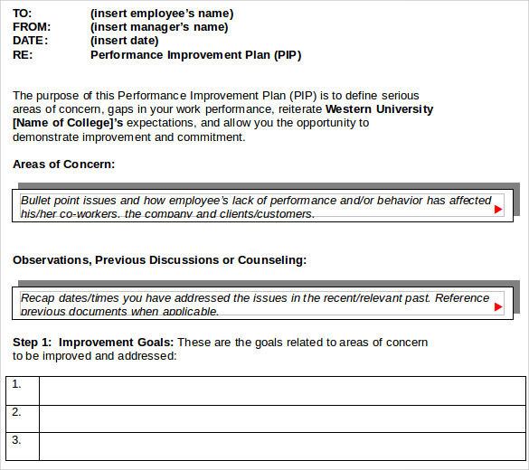 word employee improvement plan template