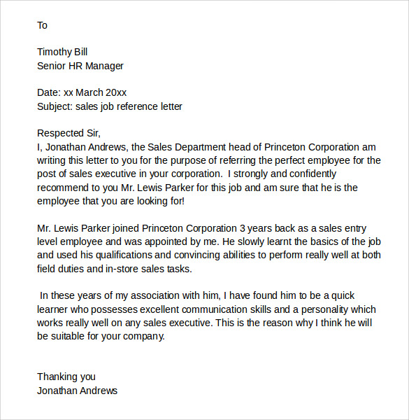 sample sales job reference letter