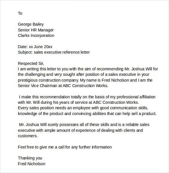 sample sales executive reference letter