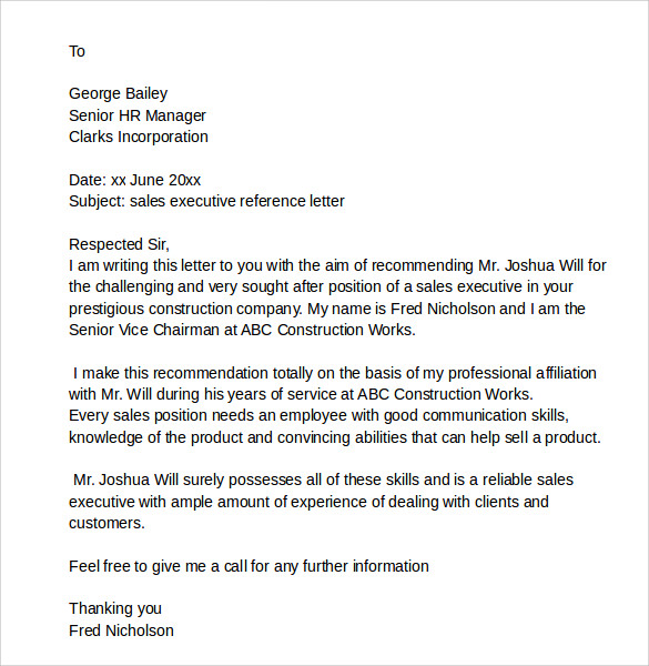 Recommendation Letter For Sales Manager