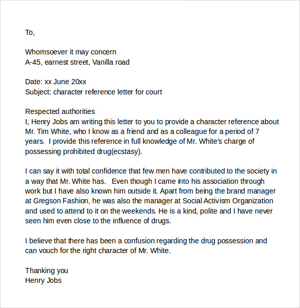 Character Reference Letter (for Court) Template – Samples
