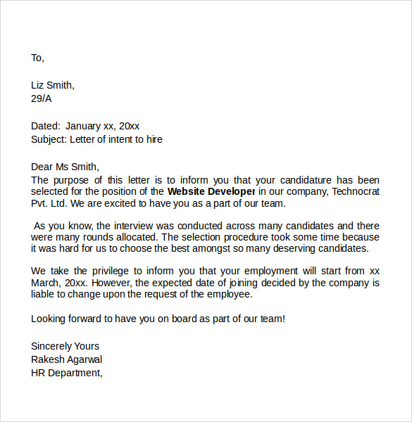 sample letter of intent to hire