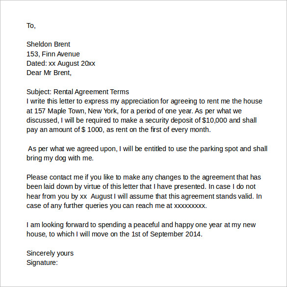 sample rent agreement letter